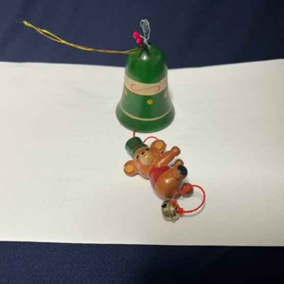 VTG Wooden Christmas Bell w/Hanging Bear & Jingle Bell Ornament 7" - Picture 12 of 12